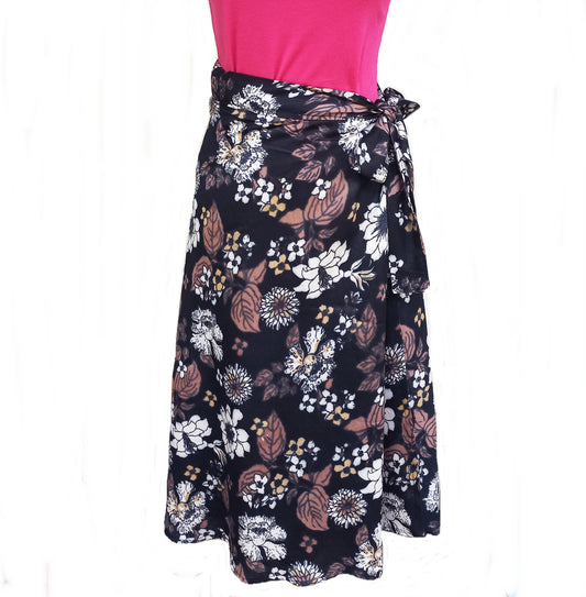 Black Floral wrap skirt, Midi Skirt, cotton wrap skirt, casual skirt