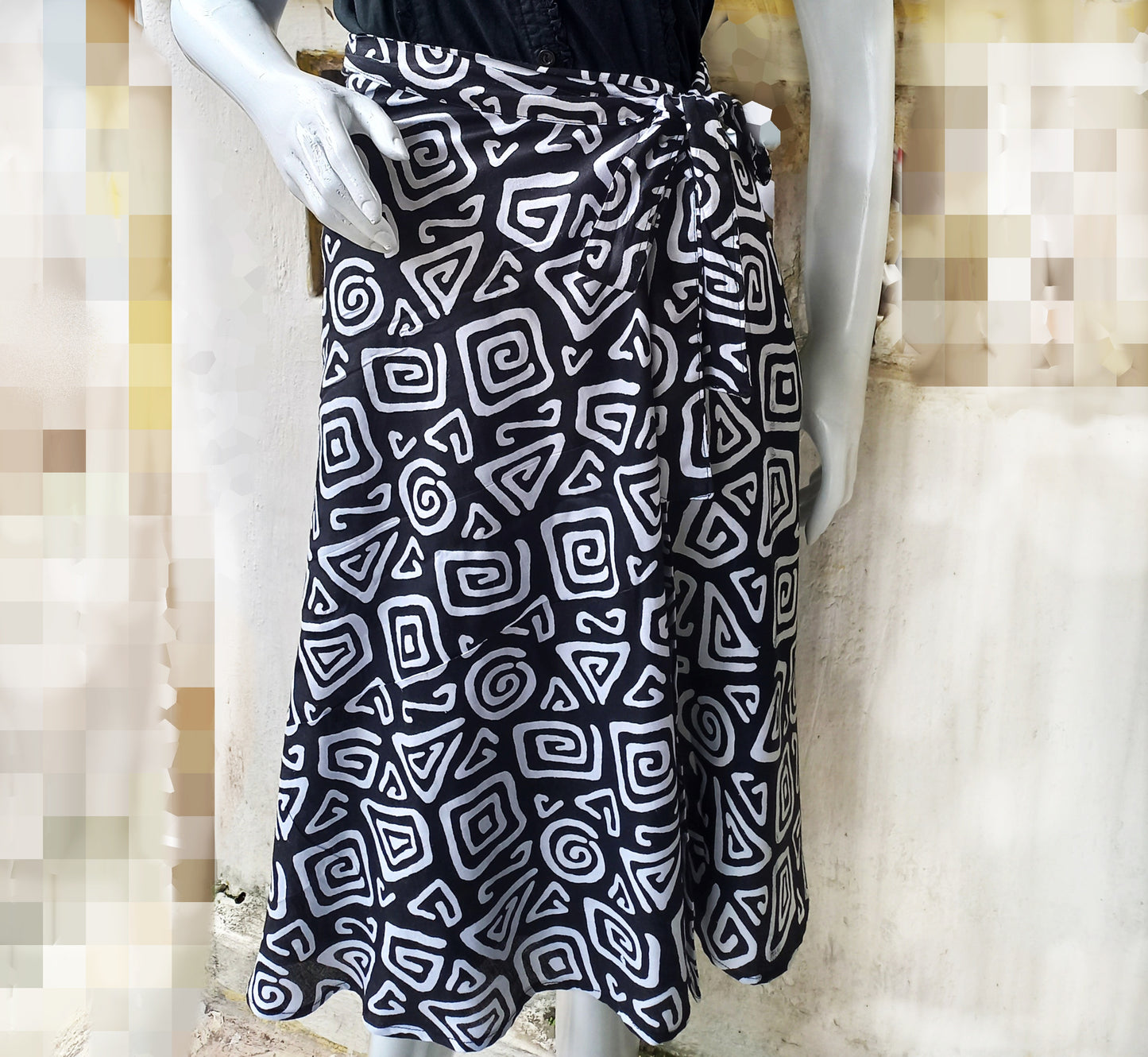 Black Printed Wrap Skirt, Geometric Printed Skirt, Midi Skirt, Cotton Skirt