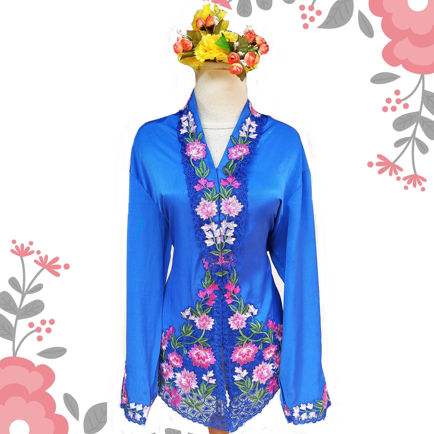 Blue Satin kebaya, Kebaya dress, Kebaya Embroidery size 3L