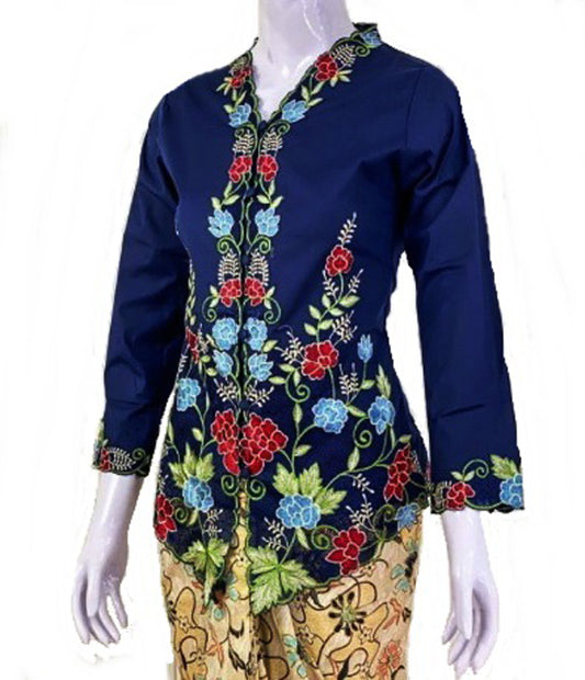 Blue navy kebaya dress, kebaya stretchy cotton, kebaya embroidery size XS, S, M, L, XL