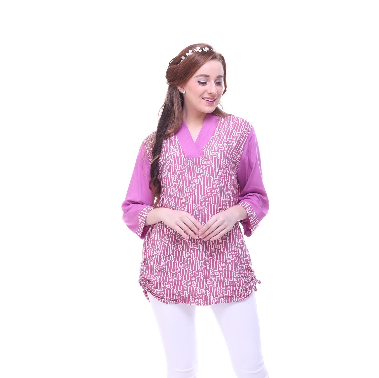 3/4 sleeve Pink bali batik top, loose fit top, S, M, L, XL Plus Size