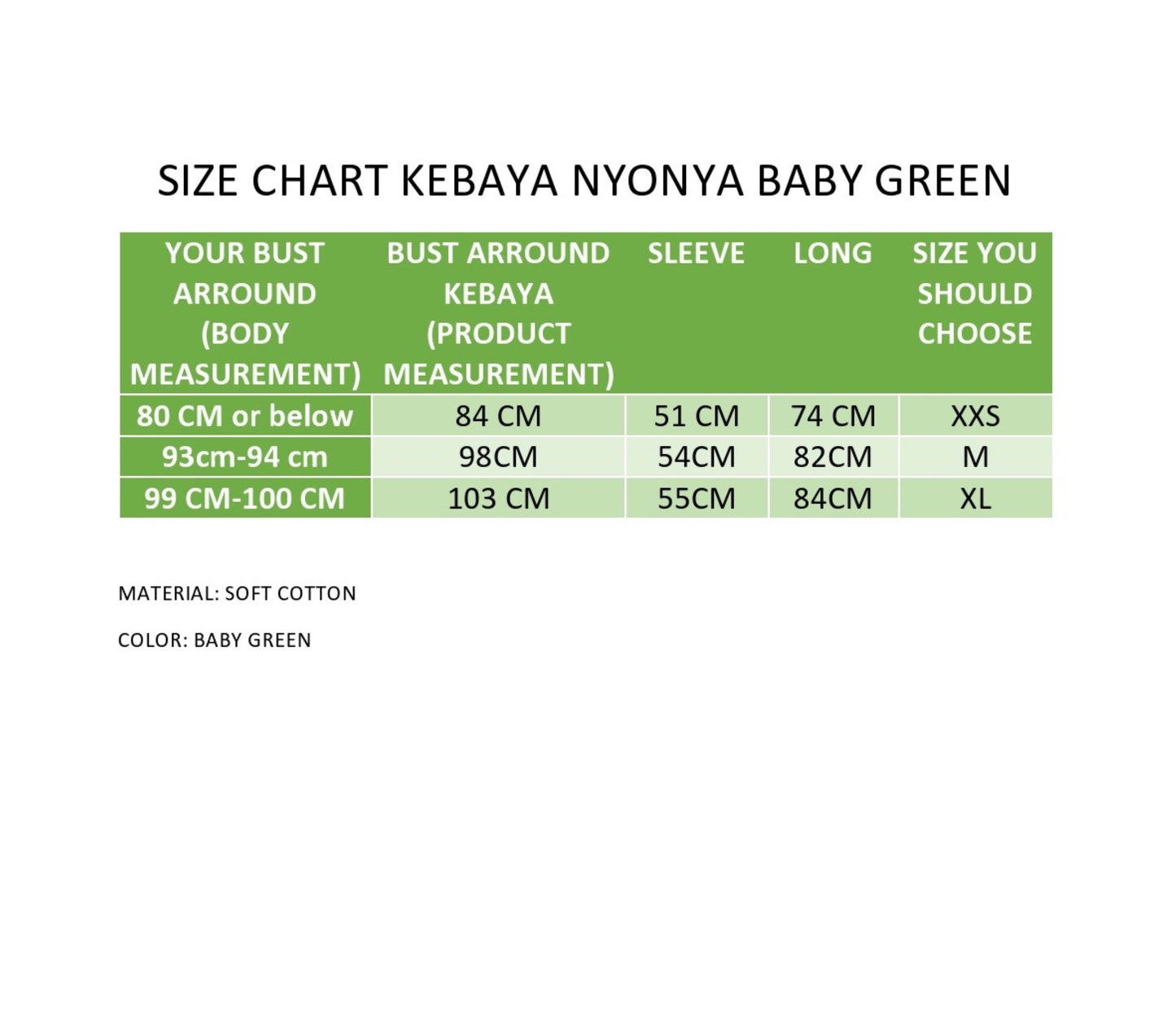 kebaya soft green, kebaya cotton, kebaya dress, size XXS, M, XL