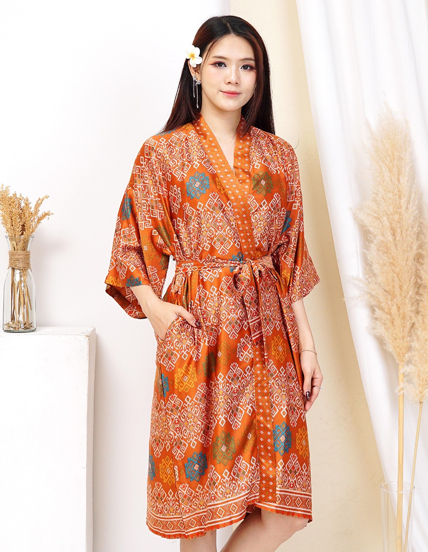 Short Silk Robe Kimono Woman, Orange tribal printed Bali in various size
