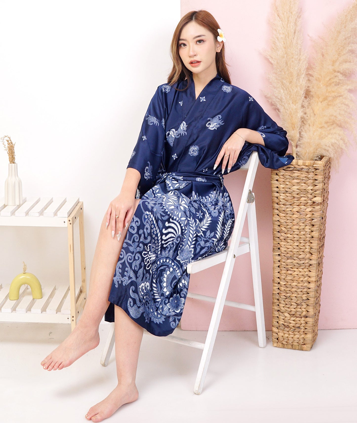 Blue Navy Silk Robe Kimono woman, Bali Silk Blend Bridal Robe, various size
