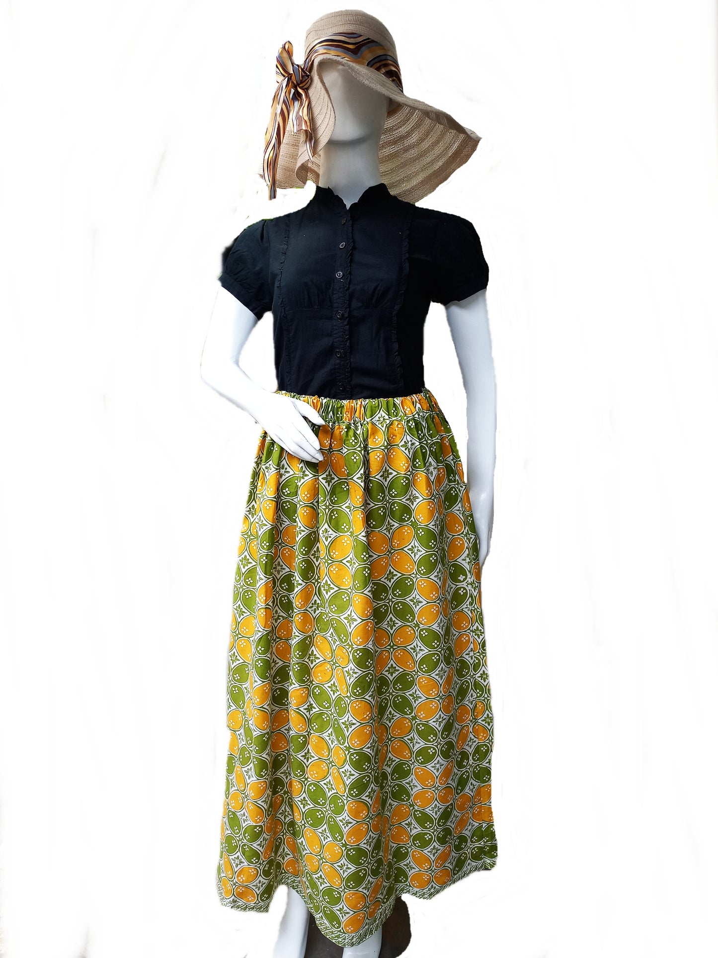 Indonesian batik Skirt, Summer skirt, green maxi skirt, holiday skirt