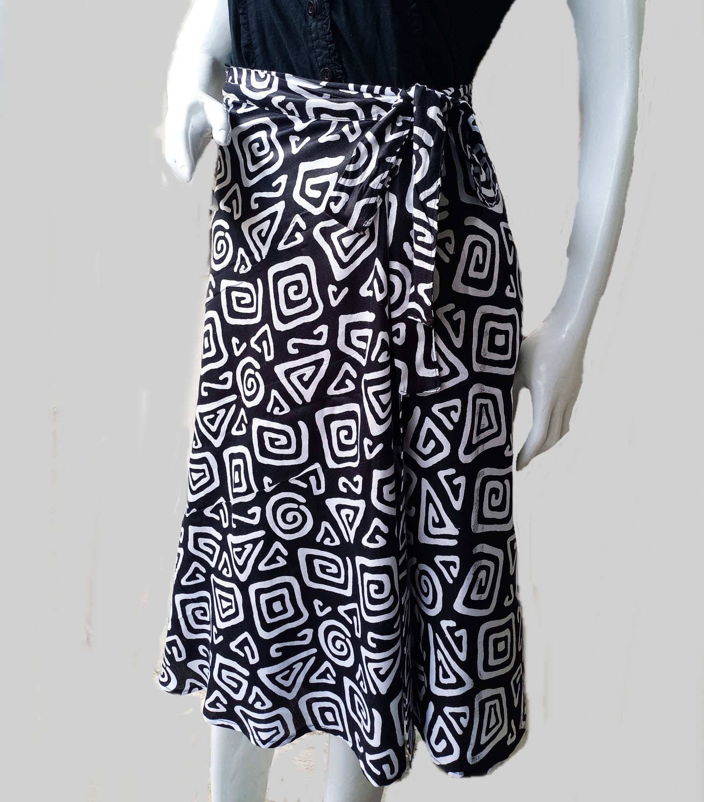Black Printed Wrap Skirt, Geometric Printed Skirt, Midi Skirt, Cotton Skirt