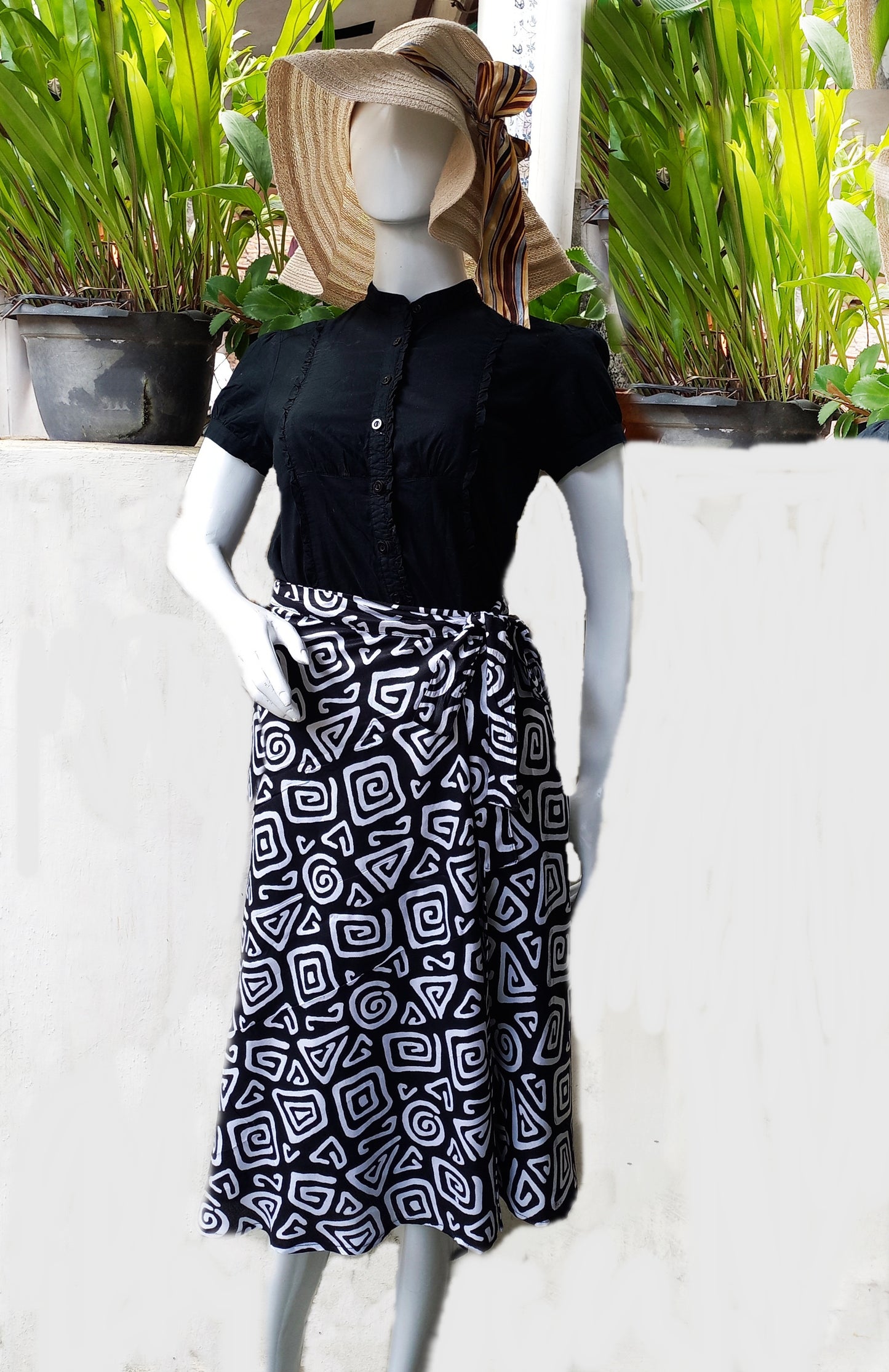 Black Printed Wrap Skirt, Geometric Printed Skirt, Midi Skirt, Cotton Skirt