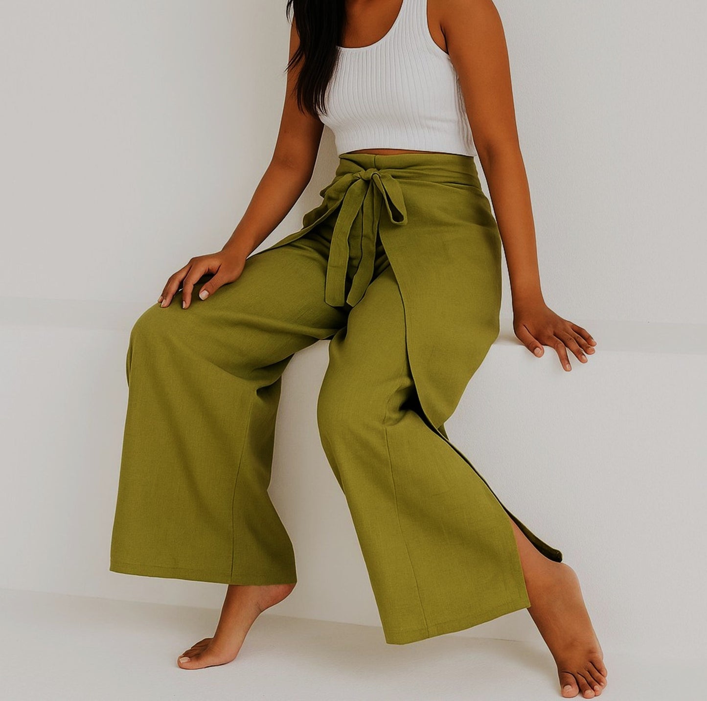 Linen Wrap Pants, Natural linen, Summer pants, Beach Pants, Bali Pants, green