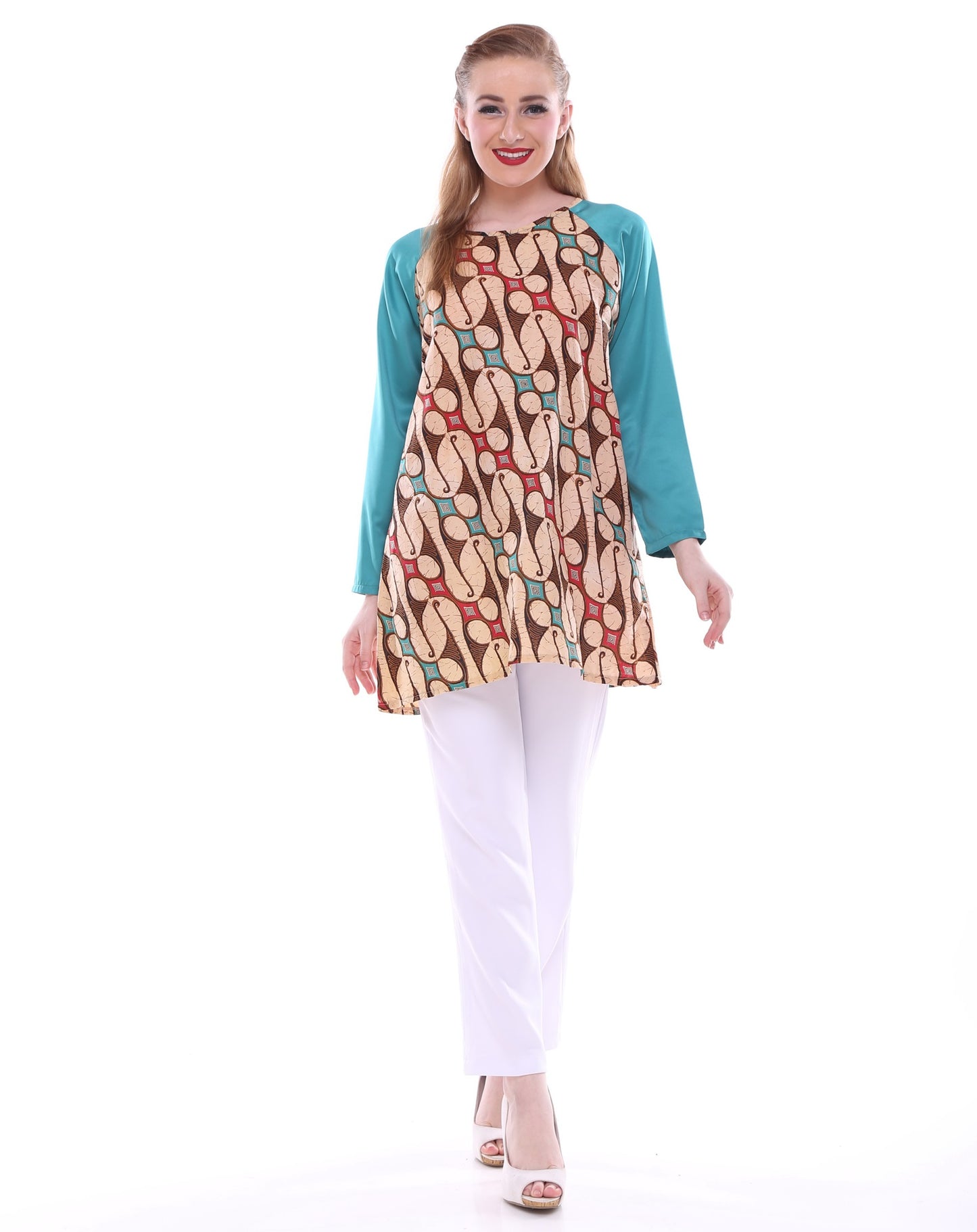 Beige Teal Printed  Batik Top  Raglan Sleeve , Cotton loose fit top