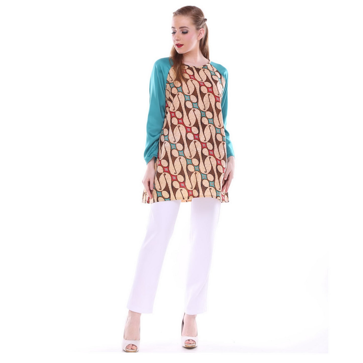 Beige Teal Printed  Batik Top  Raglan Sleeve , Cotton loose fit top