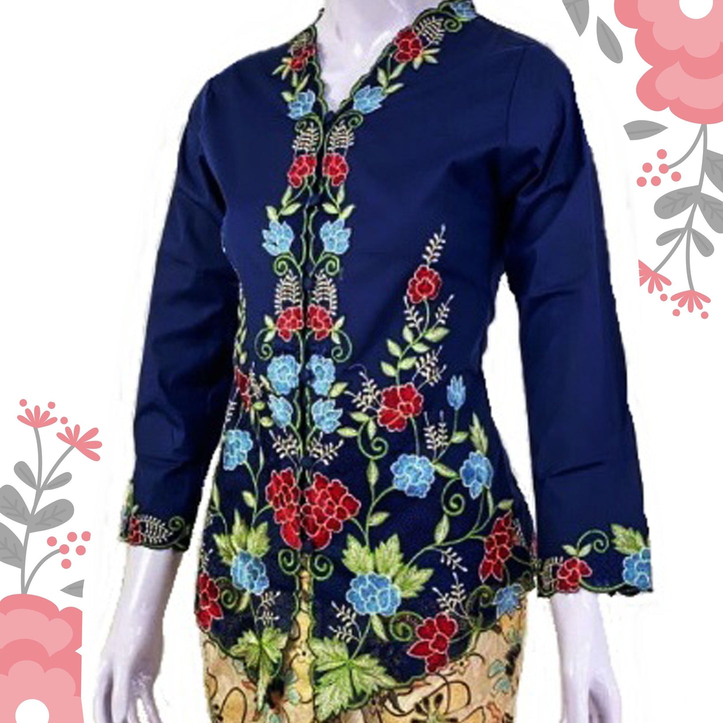 Blue navy kebaya dress, kebaya stretchy cotton, kebaya embroidery size XS, S, M, L, XL