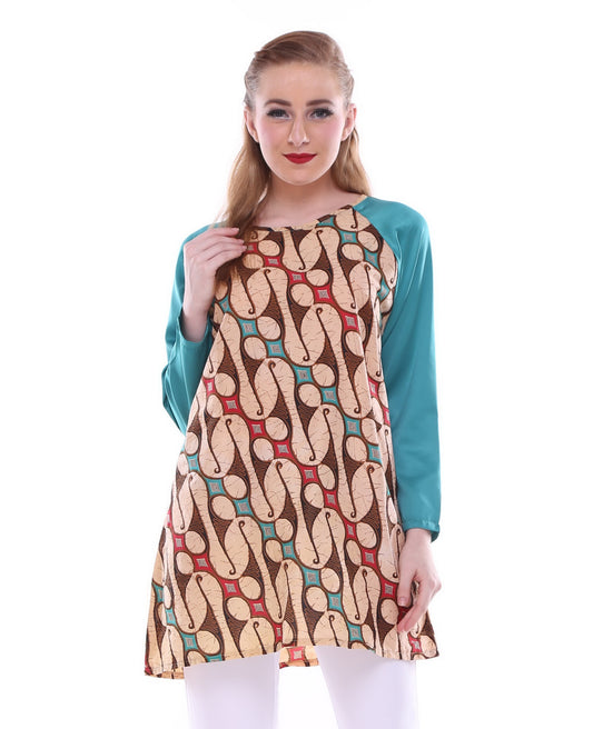 Beige Teal Printed  Batik Top  Raglan Sleeve , Cotton loose fit top