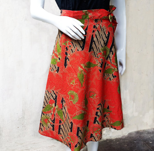 Red floral batik Wrap Skirt, MIdi Skirt, Printed Midi Skirt, casual cotton skirt
