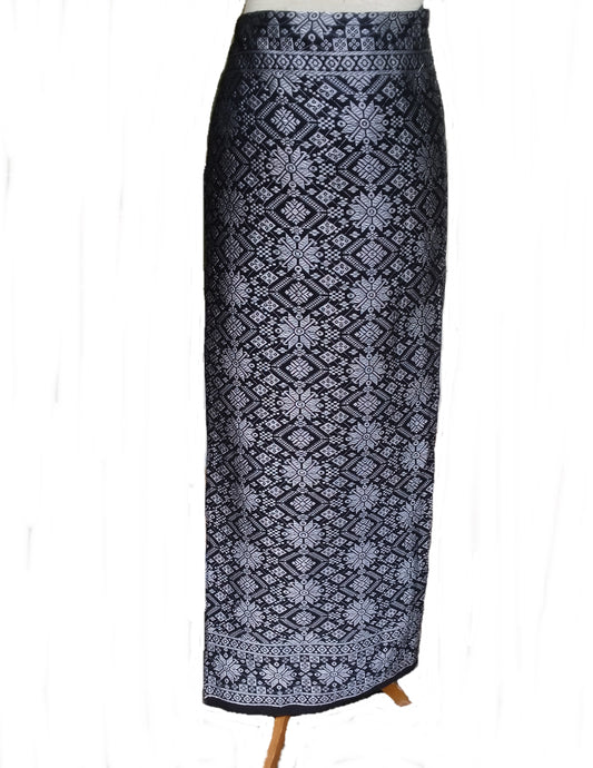 Sarong songket wrap skirt for kebaya, black-silver sarong skirt