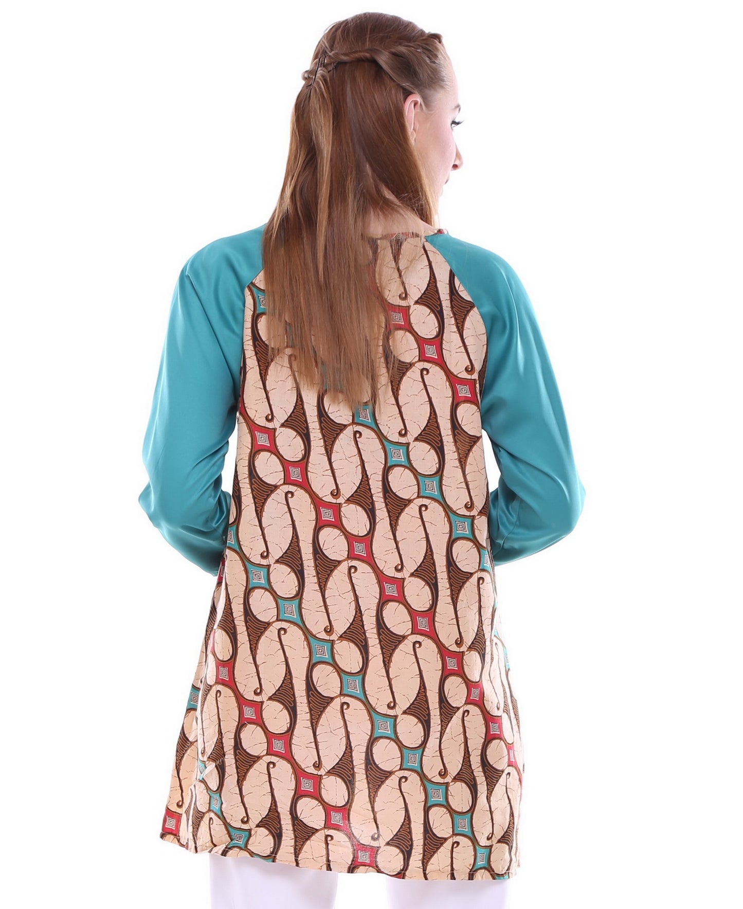 Beige Teal Printed  Batik Top  Raglan Sleeve , Cotton loose fit top