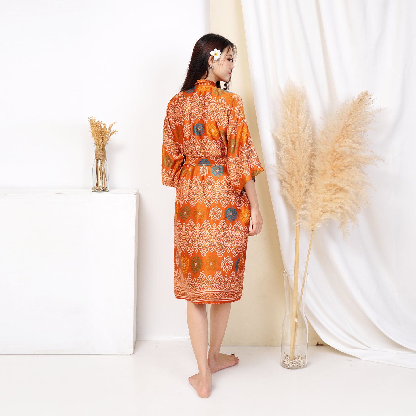 Short Silk Robe Kimono Woman, Orange tribal printed Bali  in various size