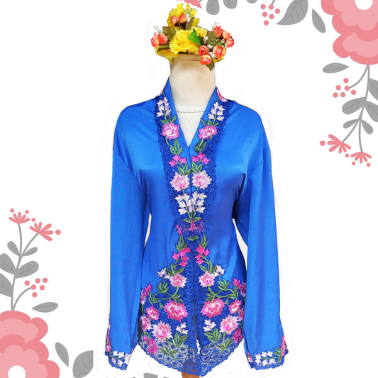 Blue Satin kebaya, Kebaya dress, Kebaya Embroidery size 3L