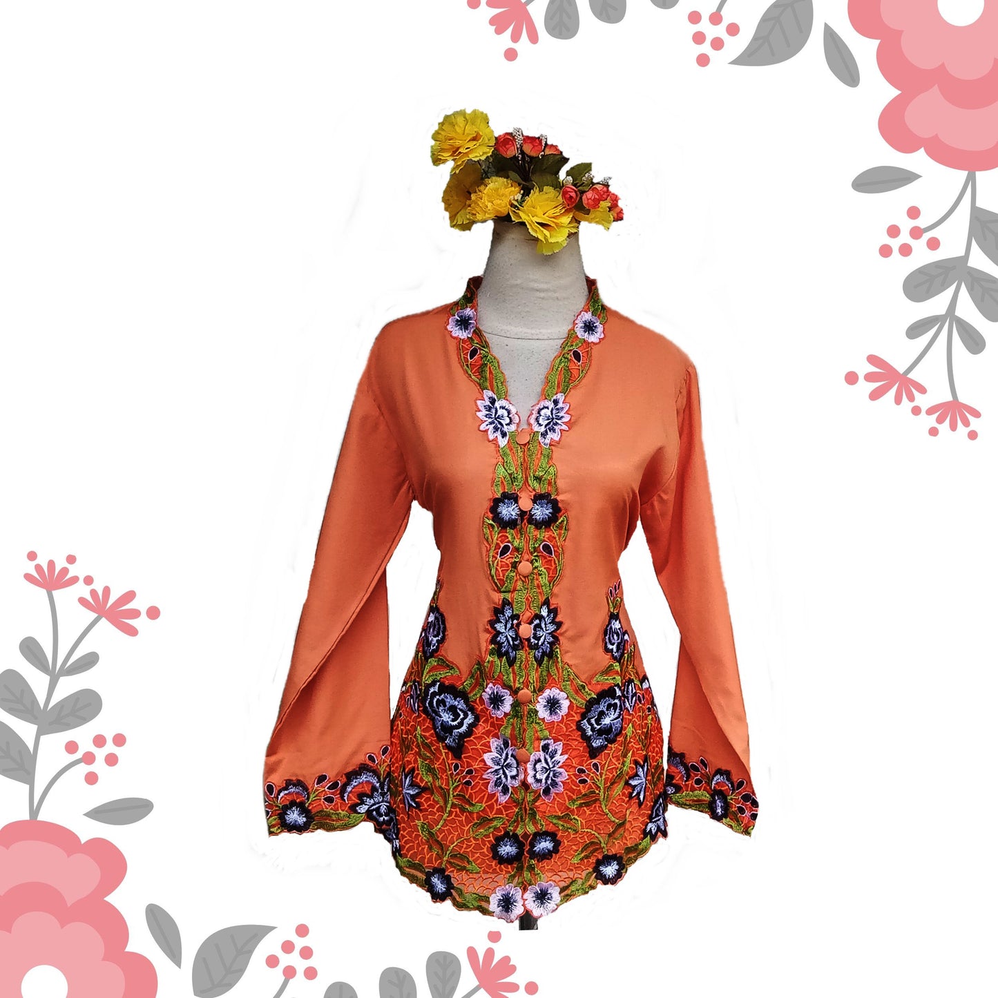 Orange Kebaya Cotton, Kebaya dress, nyonya kebaya