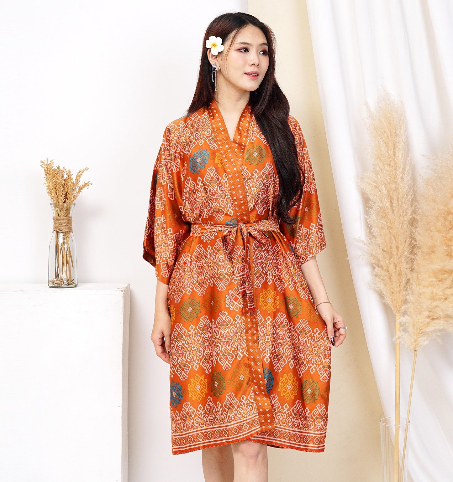 Short Silk Robe Kimono Woman, Orange tribal printed Bali  in various size
