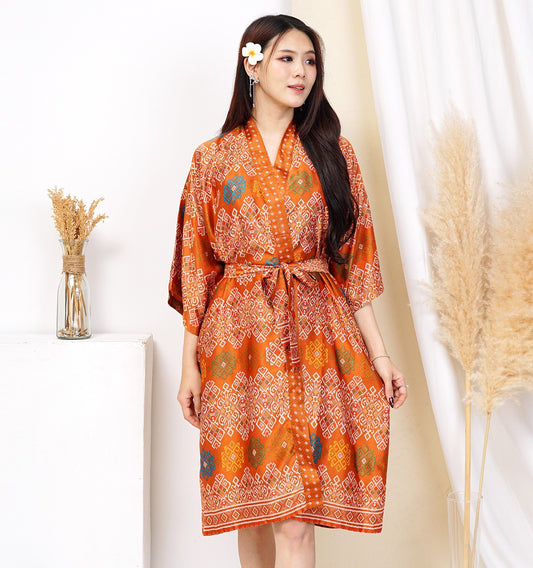 Short Silk Robe Kimono Woman, Orange tribal printed Bali  in various size