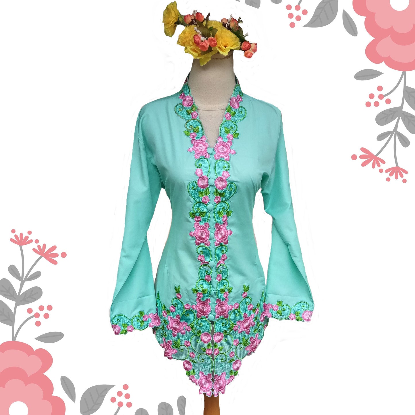 Mint Kebaya Top, baju Kebaya, Kebaya dress  size:  XS, S, M, L, 2L, 3L, 4L, 5L