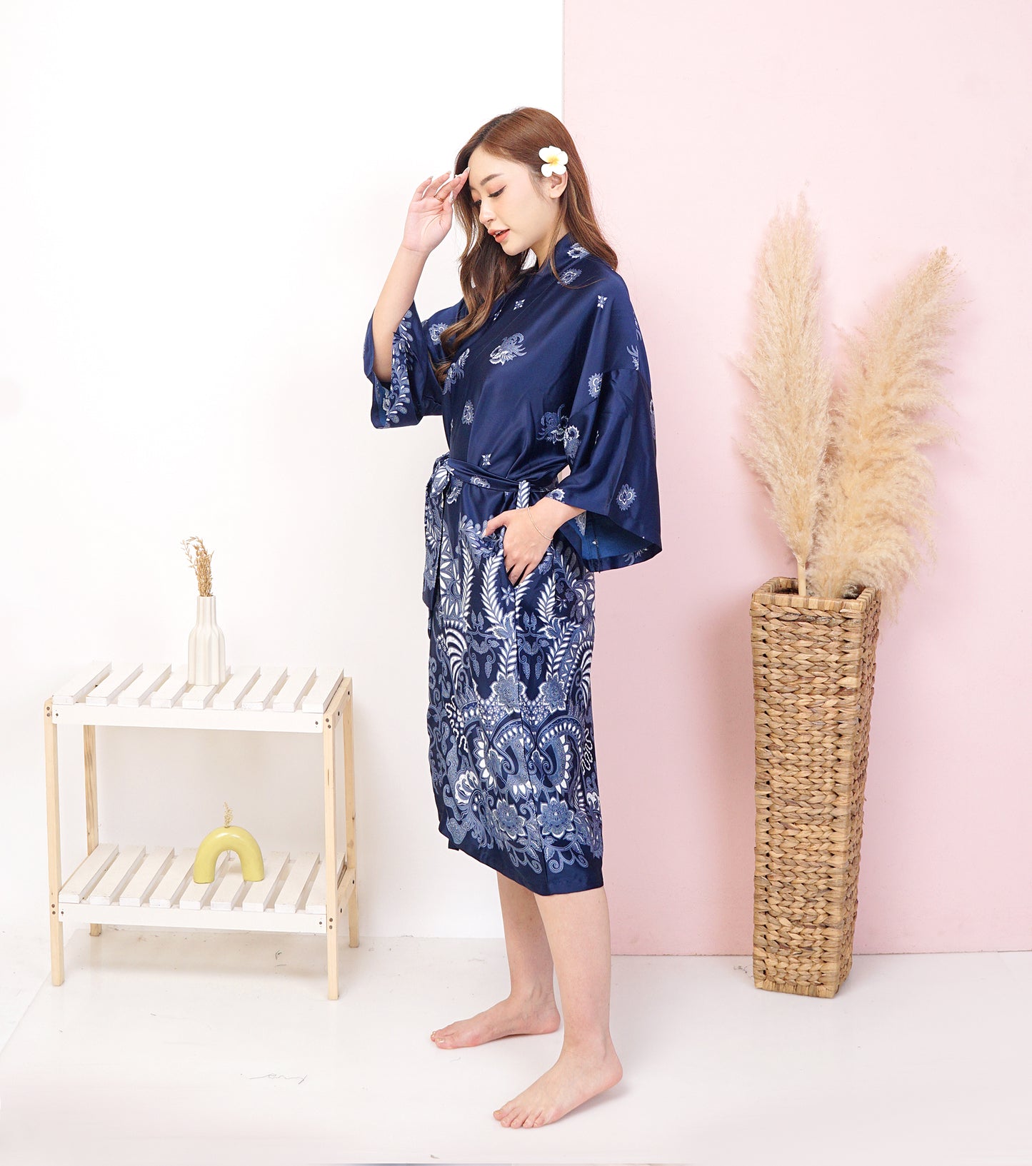 Blue Navy Silk Robe Kimono woman, Bali Silk Blend Bridal Robe, various size