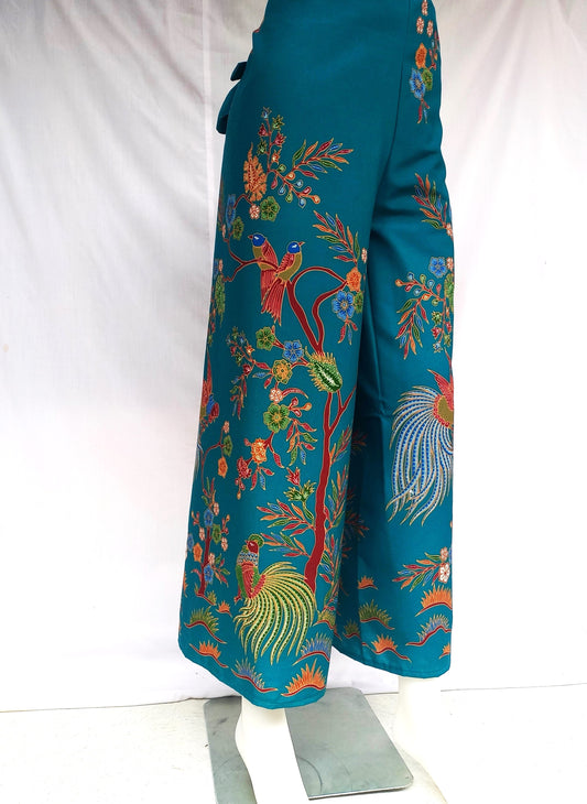 Wrap Pants Bali, Wrap trousers Women, Cotton Wrap Pants, teal batik pants, bird motif