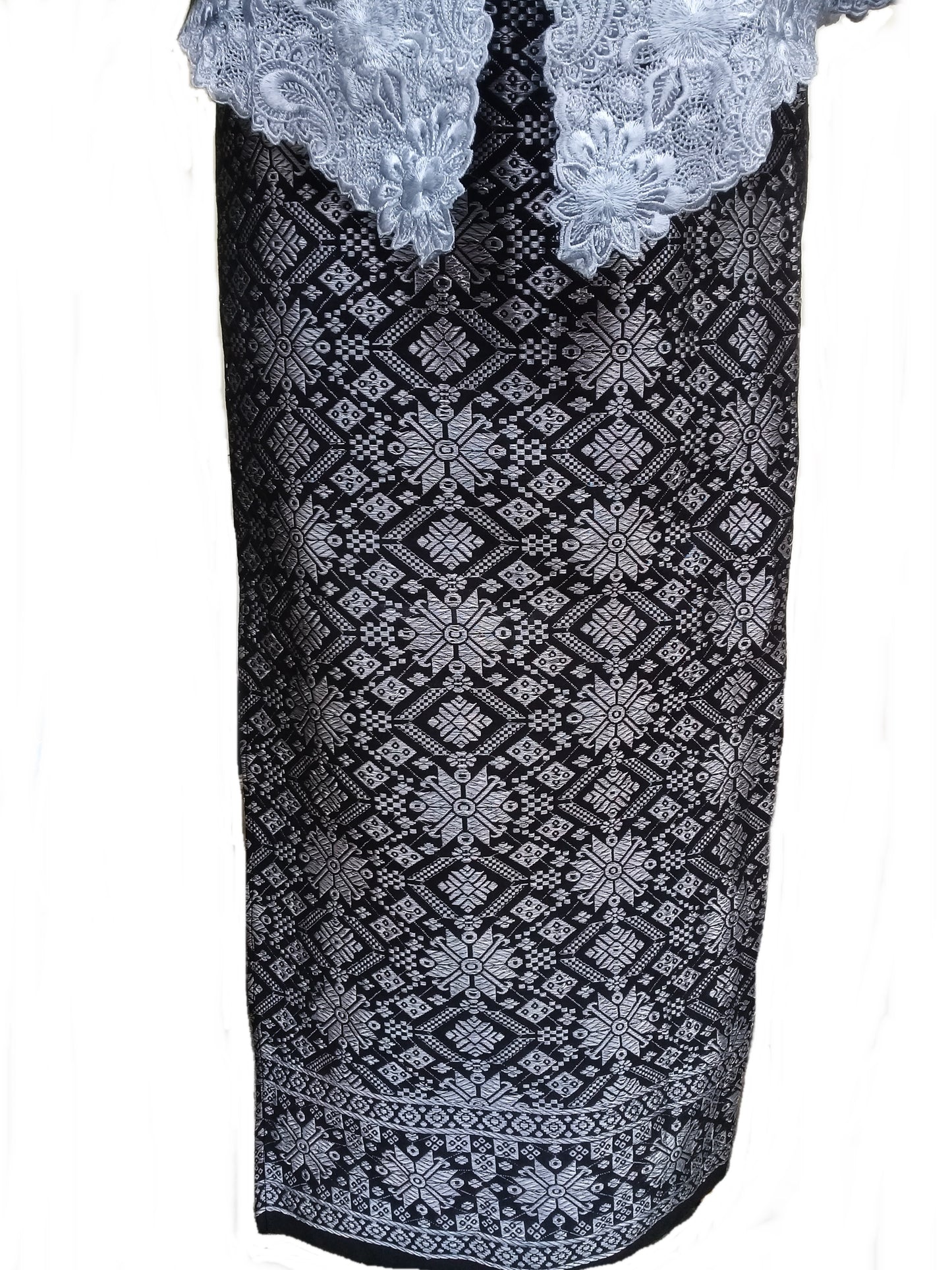 Sarong songket wrap skirt for kebaya, black-silver sarong skirt